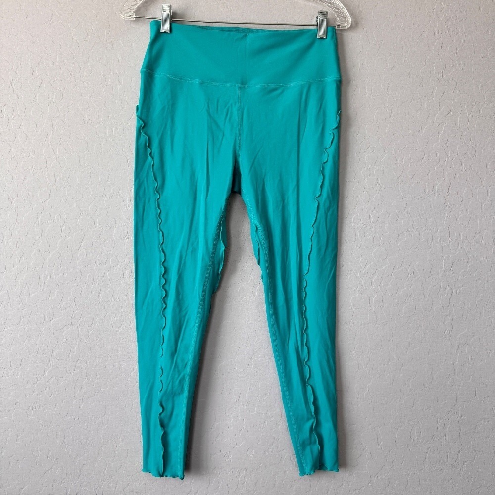 Free People FP Movement Large Aqua Blue Leggings High Rise Ruffle Trim Athletic